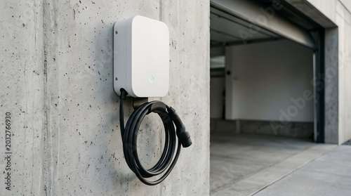 Modern white electric vehicle charging station mounted on a grey concrete wall featuring a coiled black cable ready for use in a residential home garage setting.