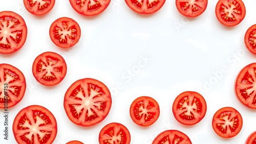 Slices of Fresh Red Tomato on White Background with Copy Space