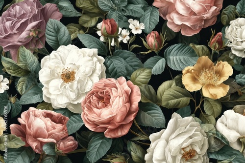 Elegant Vintage Floral Pattern with Blooming and Budding Roses on Dark Background