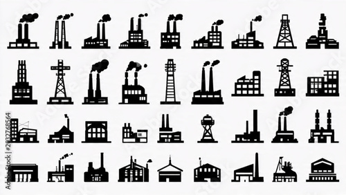 Foto Collection of Oil Rigs and Offshore Drilling Platforms in Black Silhouette