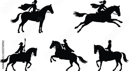 Obraz na płótnie Horse Rider Silhouette Collection Featuring Equestrian Women Riding and Jumping