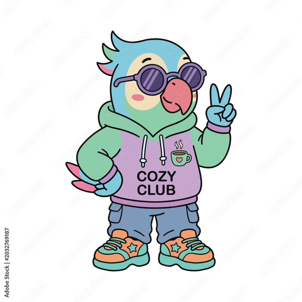 Fototapeta premium Cute Gen Z Parrot Cartoon Character Wearing Hoodie Vector Illustration