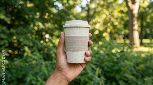 Hand holding reusable coffee cup outdoors in green forest nature park.