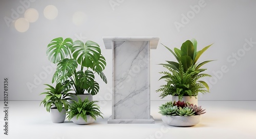 White marble podium with lush green indoor plants on a minimalist background