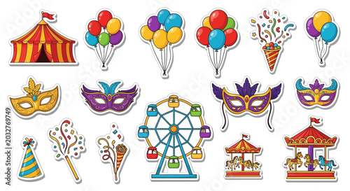 Photos Masks and balloons decorate a carnival scene