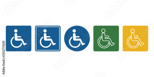 Wheelchair accessibility symbols in blue, green, and yellow
