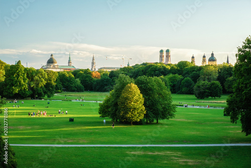 Photos Munich, Germany skyline from Englischer Garten with Frauenkirche, Neues Rathaus,