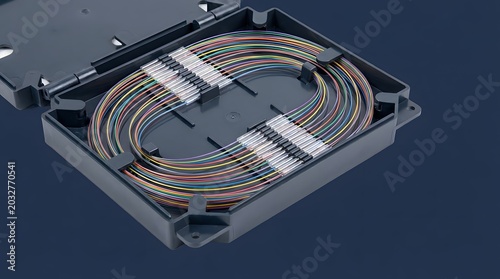 Fiber optic splice tray containing colorful cables arranged in a neat circular pattern for high speed data transmission captured in this clean professional studio product photograph