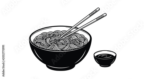 Ramen noodle bowl with chopsticks and sauce illustration