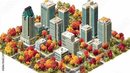 Photography Isometric view of modern city with skyscrapers surrounded by colorful autumn tre