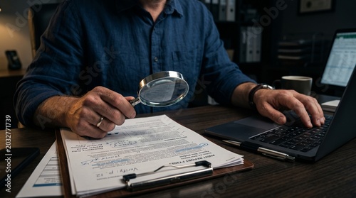 Konstfotografi Man in office examines documents with magnifying glass and works on laptop