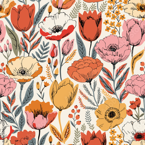 Printable Seamless Pattern, Floral pattern background. Foliage and flower wallpaper 