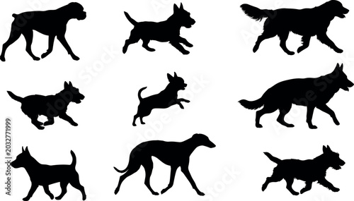Cuadro en lienzo Dog Silhouette Breed Set Featuring Various Poses Like Running Walking and Jumpin