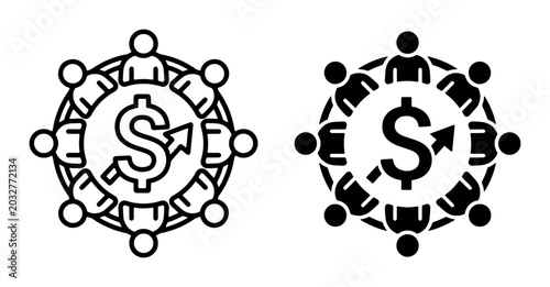 Cuadro en lienzo Teamwork Financial Growth Icons, Circular Group of People Surrounding Dollar Sig