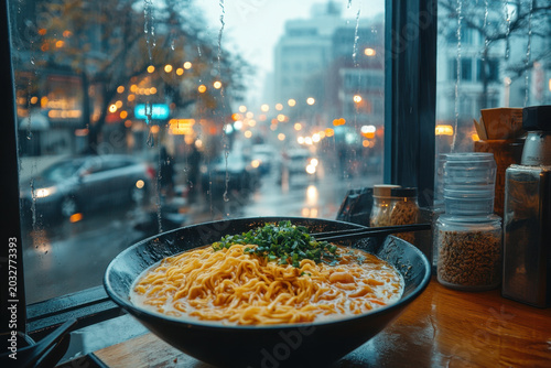 Bowl of noodles on table.
