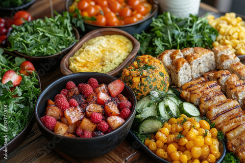Bowls of food and salad on table.