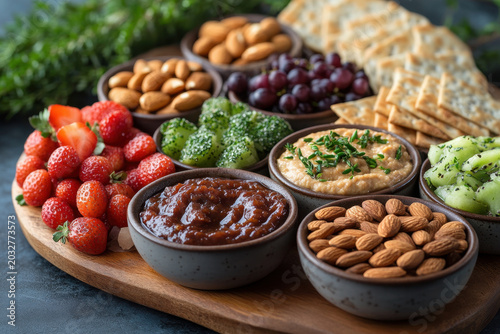Various dips on wooden platter.