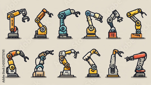Foto Series of diverse industrial robotic arms in various positions and colors on a w