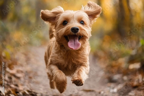 Dog running through leaf-filled forest.