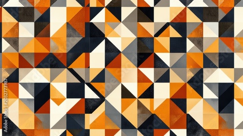 A geometric pattern of triangles in various shades of orange, black, and gray.