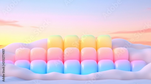 A 3D rendering of a whimsical, abstract scene featuring a gradient sky, a row of colorful spheres, and a soft, fluffy texture.