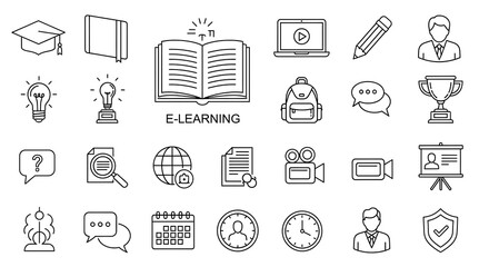 E-learning concept with various icons for online education and digital learning tools and resources available