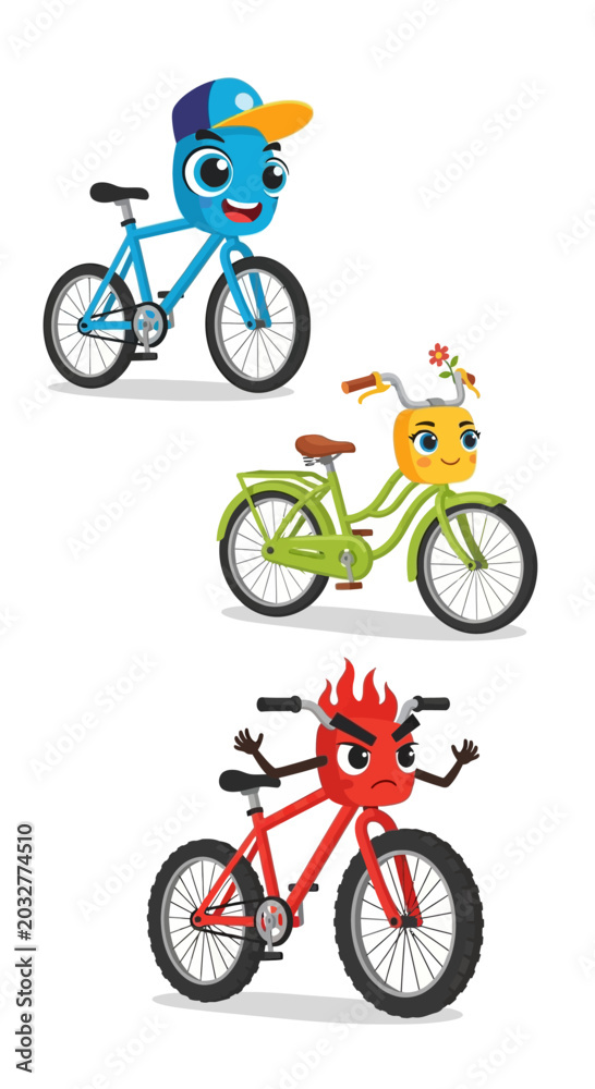 Obraz premium Funny cartoon bicycles with faces, characters, emotions, different colors