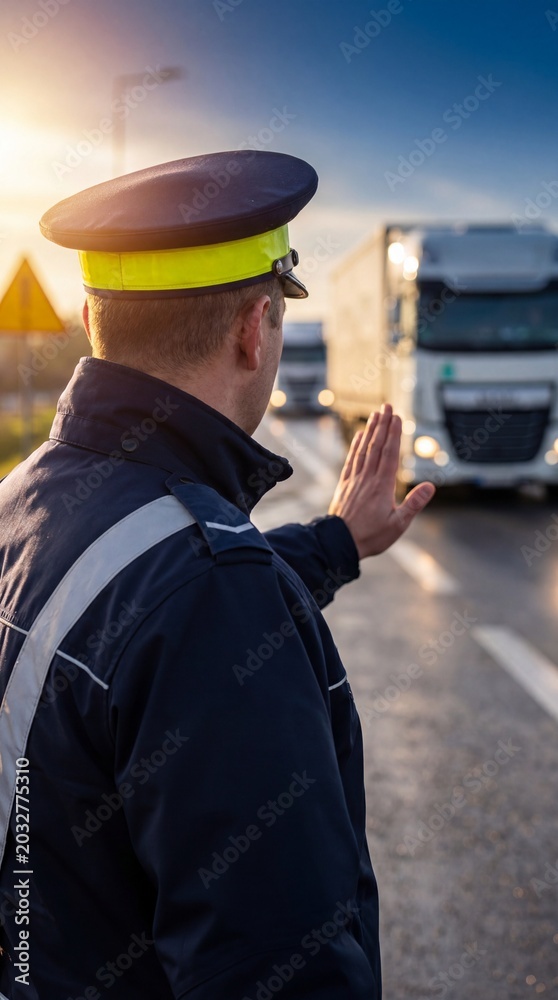 Obraz premium Freight trucks halted by customs officer at border checkpoint under intense midday lighting