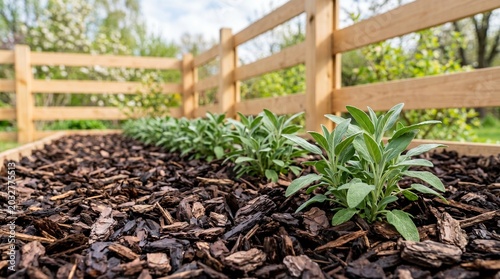 Raised wooden planter showing a Mulched Garden Bed with dark bark chips. Perfect for urban horticulture tutorials, backyard landscaping ideas and sustainable ecosystem designs.