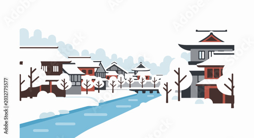 Stylized winter village with a river flowing through snow-covered buildings