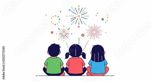 Children watching colorful fireworks light up the night sky