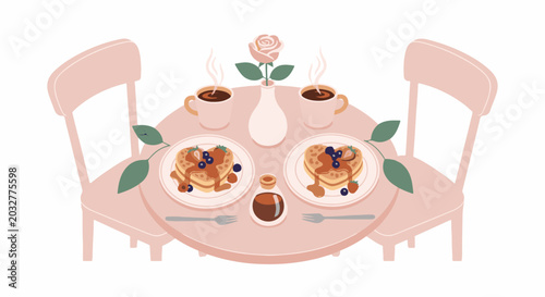 Two heart-shaped pancakes with berries and syrup served with coffee