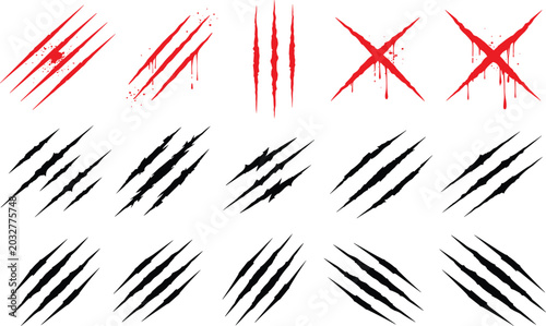 Bloody claw scratch marks and grunge slash effects collection with horror dripping textures isolated on white background vector illustration set