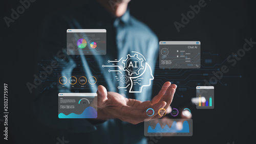 AI Chatbot smart technology integrates artificial intelligence, robot assistant manages complex data visualization using automated chat commands and interactive prompts for analytics