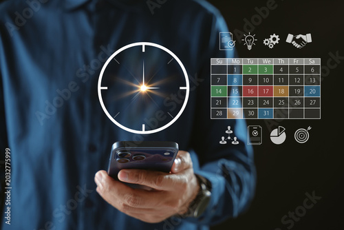 Management of digital interface for time schedule calendar planning helps productivity management in workplace, while organizing efficient project management and business strategy
