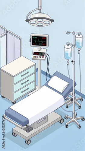 Foto Modern hospital patient bed with monitoring equipment in clean medical room