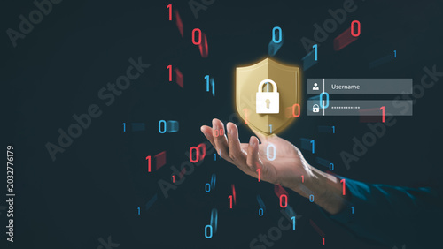 Secure online access cybersecurity password protection information privacy network secures, hand holding glowing shield padlock near floating binary code digital authentication