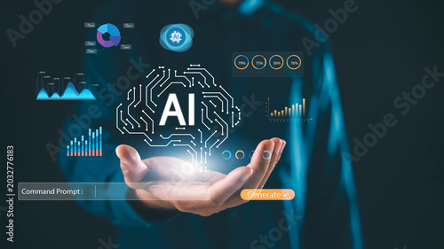 AI technology for data analysis and visualization using command prompt, intelligence assistant for smart business analytics, future innovation shows digital brain over hand, generate button