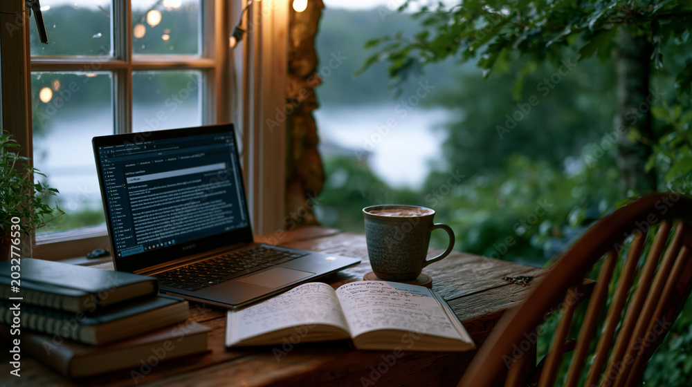 Obraz premium Remote learner pushing through a MOOC completion challenge at a countryside farmhouse desk during early morning mist, certificate progress bar nearly full on screen, journal open to handwritten goal