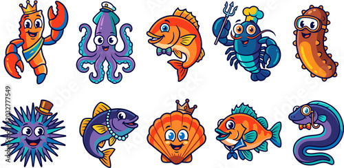 Photography Colorful cartoon sea creatures with smiling faces and accessories  various ocean