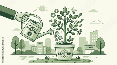 A hand uses a public funding watering can to nurture a growing startup tree.