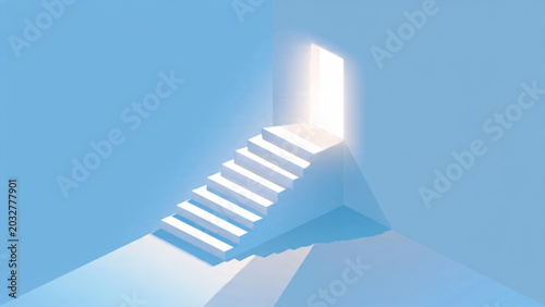 Mystical staircase emerging from cloud-filled sky with bright doorway in surreal setting