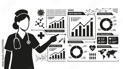 A silhouette of a female nurse presenting medical data and healthcare analytics.