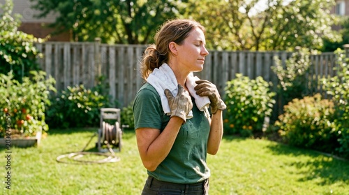 Female resting in a backyard acting as a Person Cooling Neck Ice with a wet towel. Ideal for gardening safety tips and outdoor heatstroke prevention.