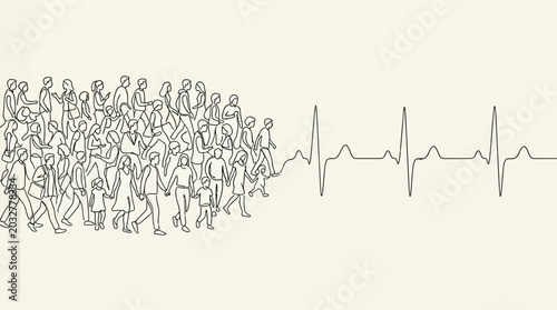 Photos A line art illustration showing a crowd of people transforming into a heartbeat rhythm