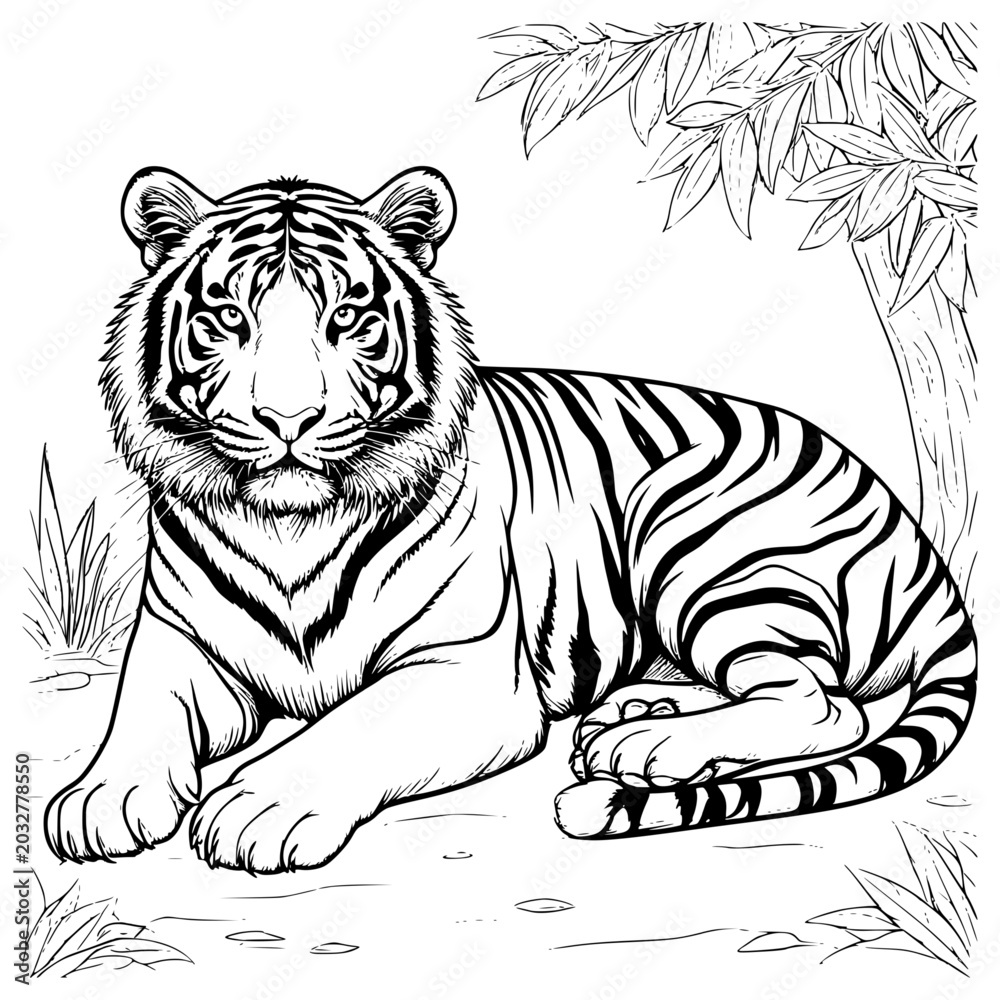 Obraz premium A tiger sits in the jungle, a simple black and white sketch. Vector illustration. Predatory animals of the taiga and America, isolated on a white background