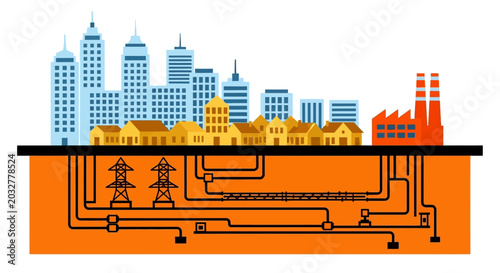 Billede på lærred Cross section illustration of underground city infrastructure and electrical grid system