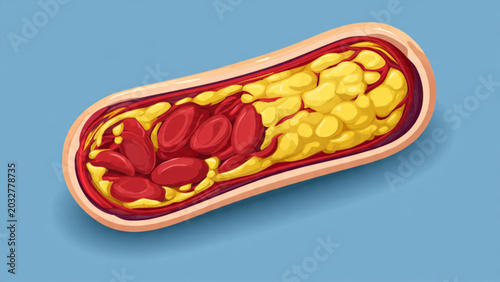 Bild auf Leinwand Detailed medical illustration of a blood vessel with plaque buildup and yellow f
