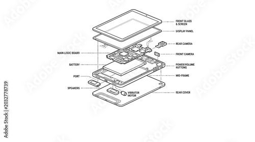 Exploded view diagram of a modern smartphone showing internal components and assembly.