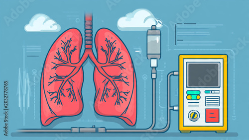 Bild auf Leinwand Medical Illustration of Human Lungs with Breathing Equipment in Vector Style